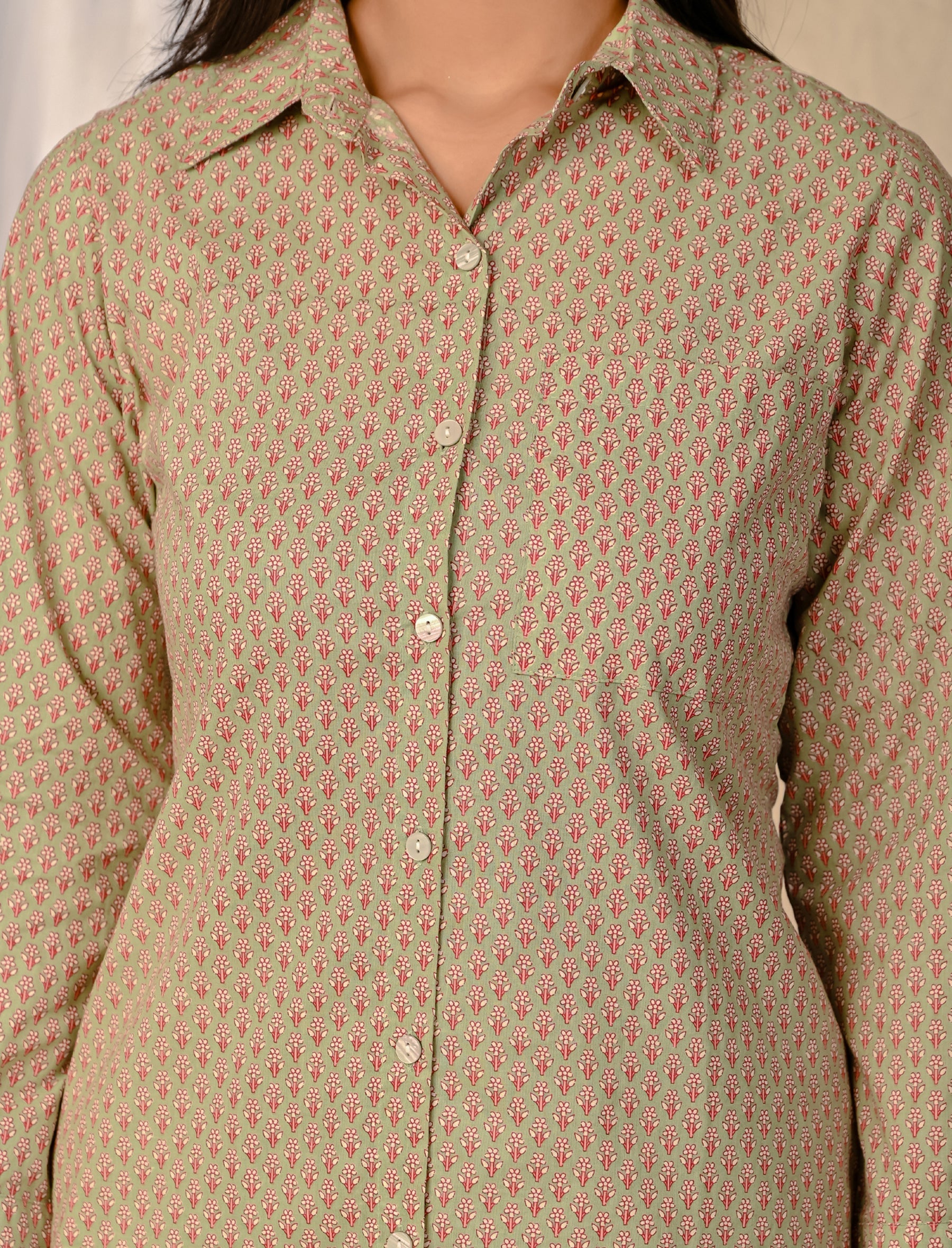 Light Green Barik Butti Printed Cotton Co-Ord Set