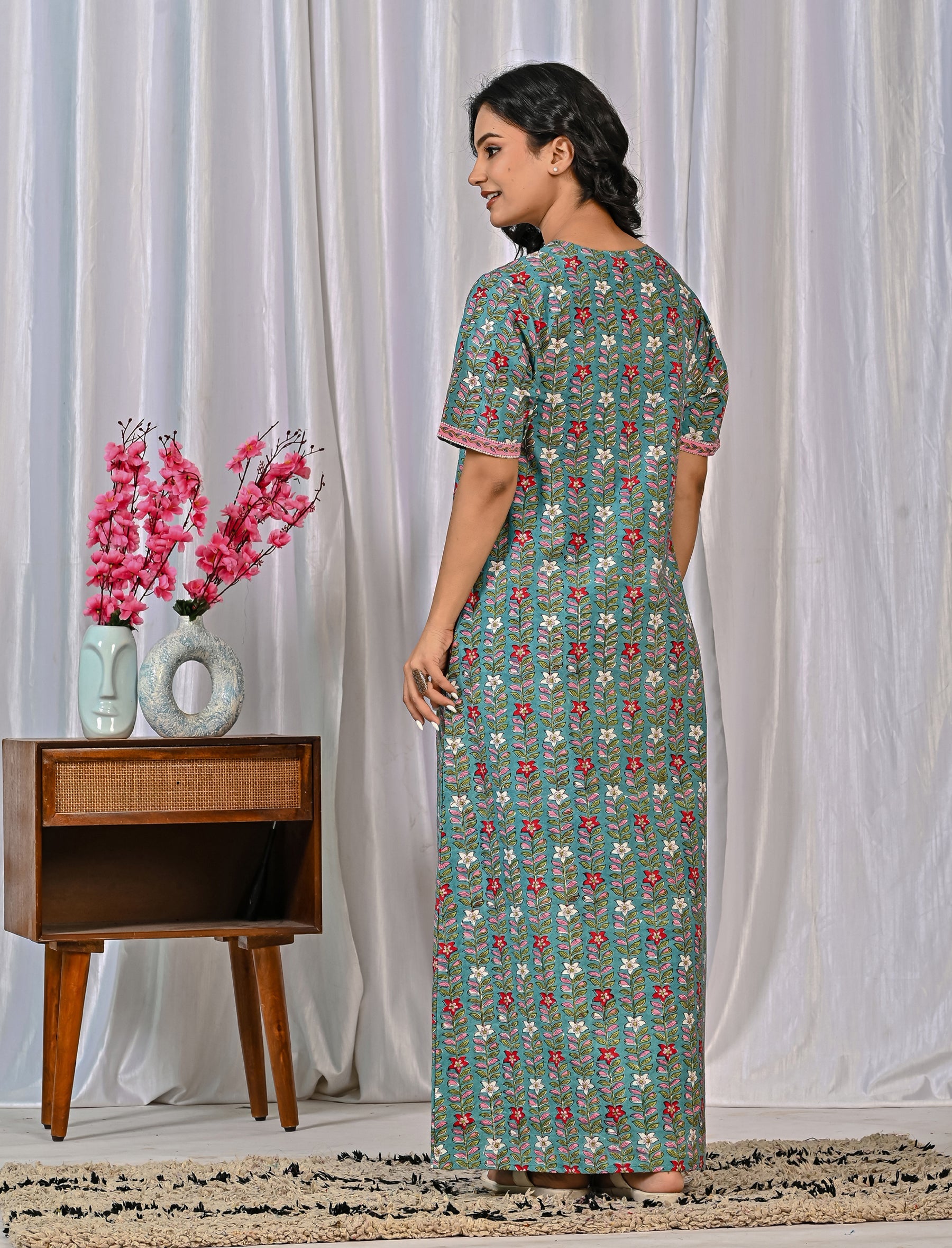 Hand Block Cotton Jaal Printed Night Gown