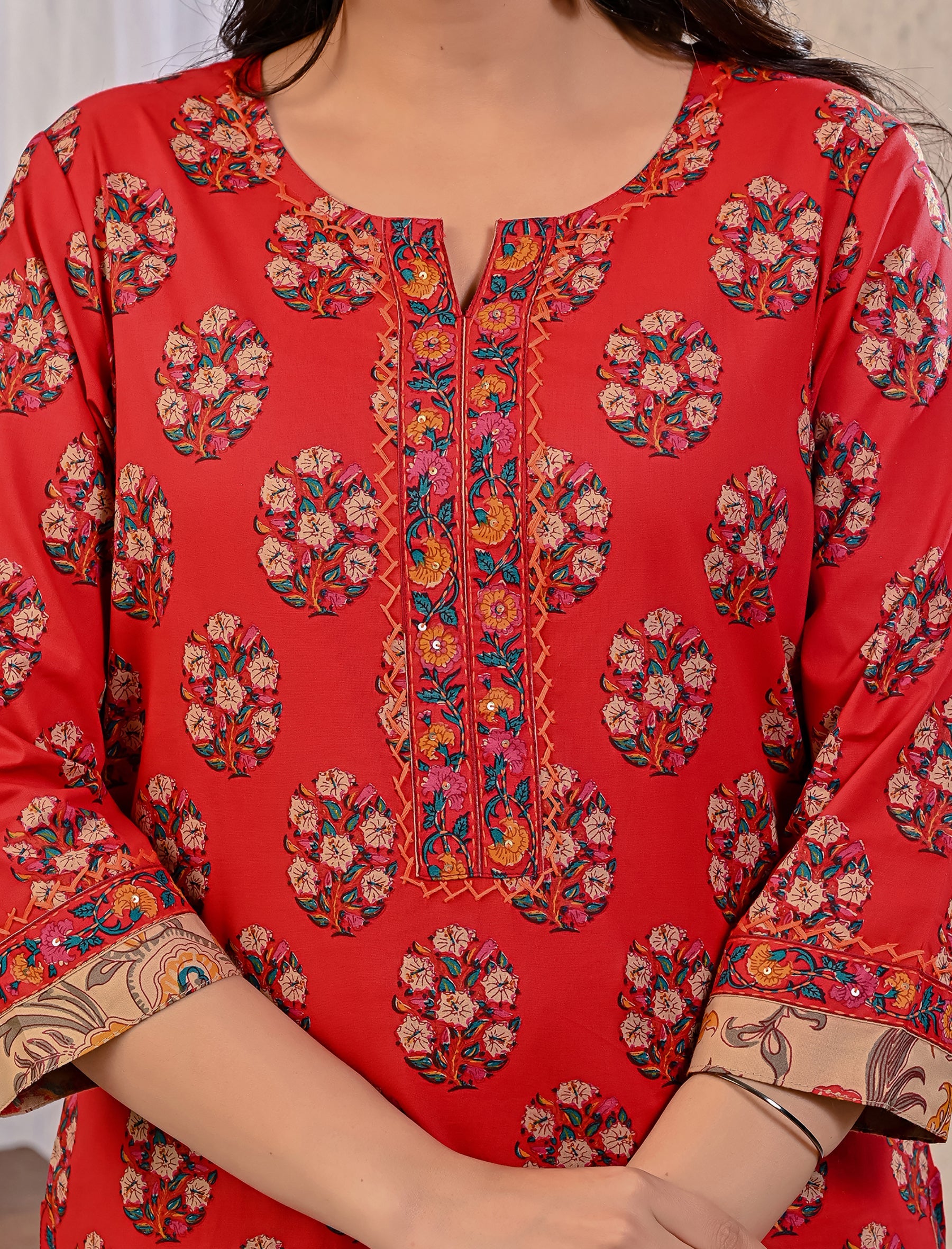 Red Butta Block Printed Cotton Kurta Pant Set With Mulmul Dupatta