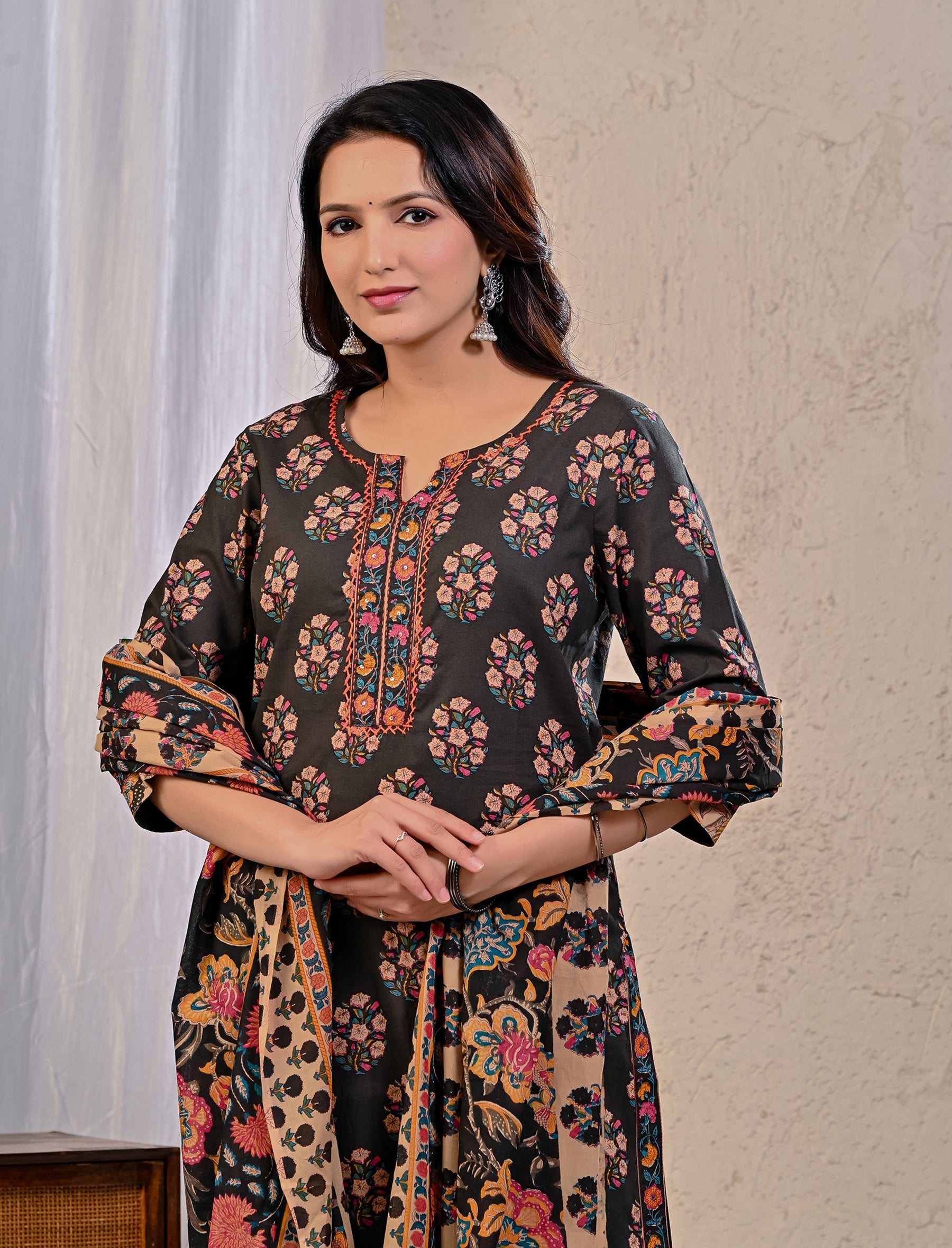 Black Butta Block Printed Cotton Kurta Pant Set With Mulmul Dupatta