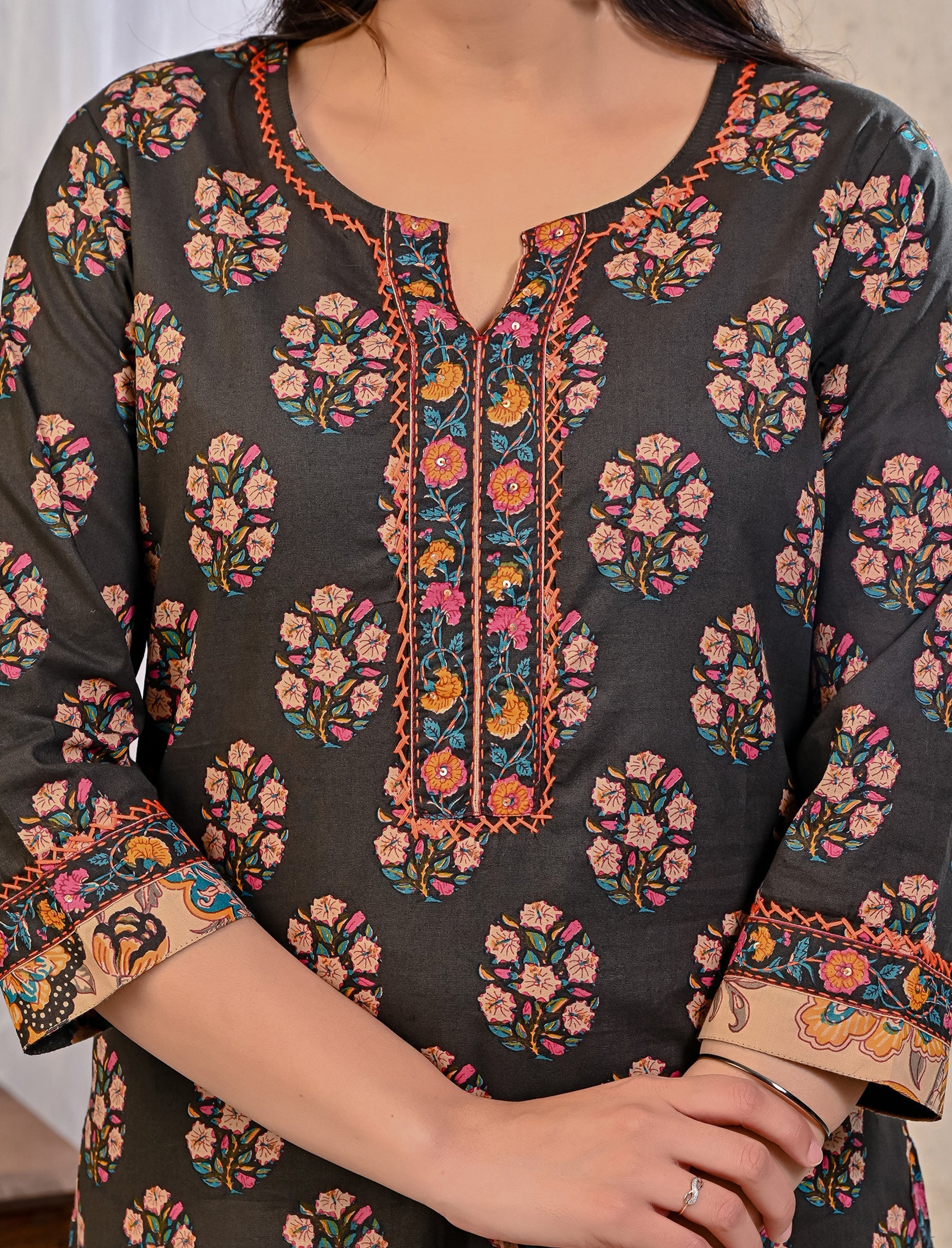 Black Butta Block Printed Cotton Kurta Pant Set With Mulmul Dupatta