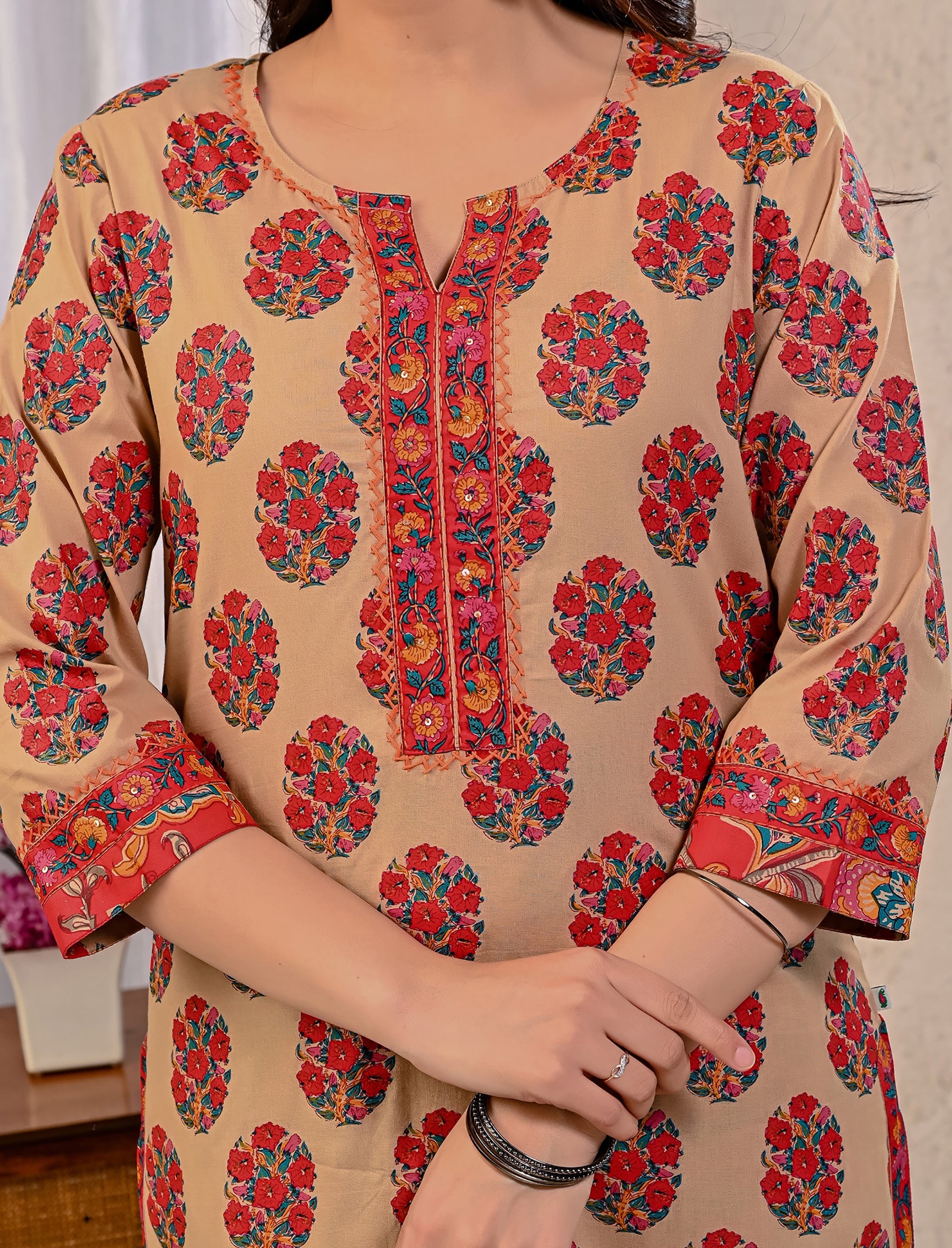 Beige Red Butta Block Printed Cotton Kurta Pant Set With Mulmul Dupatta