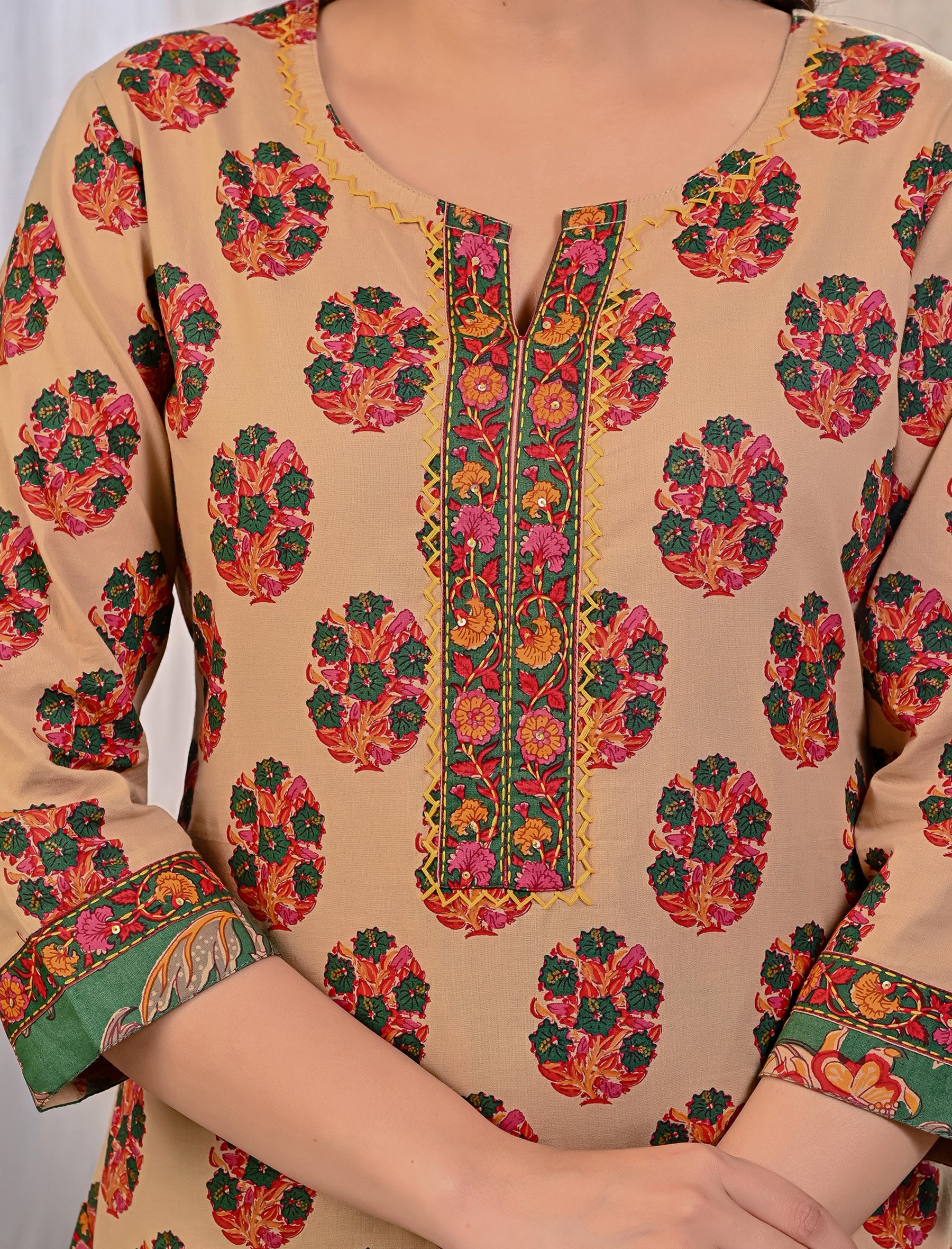 Beige Pink Butta Block Printed Cotton Kurta Pant Set With Mulmul Dupatta