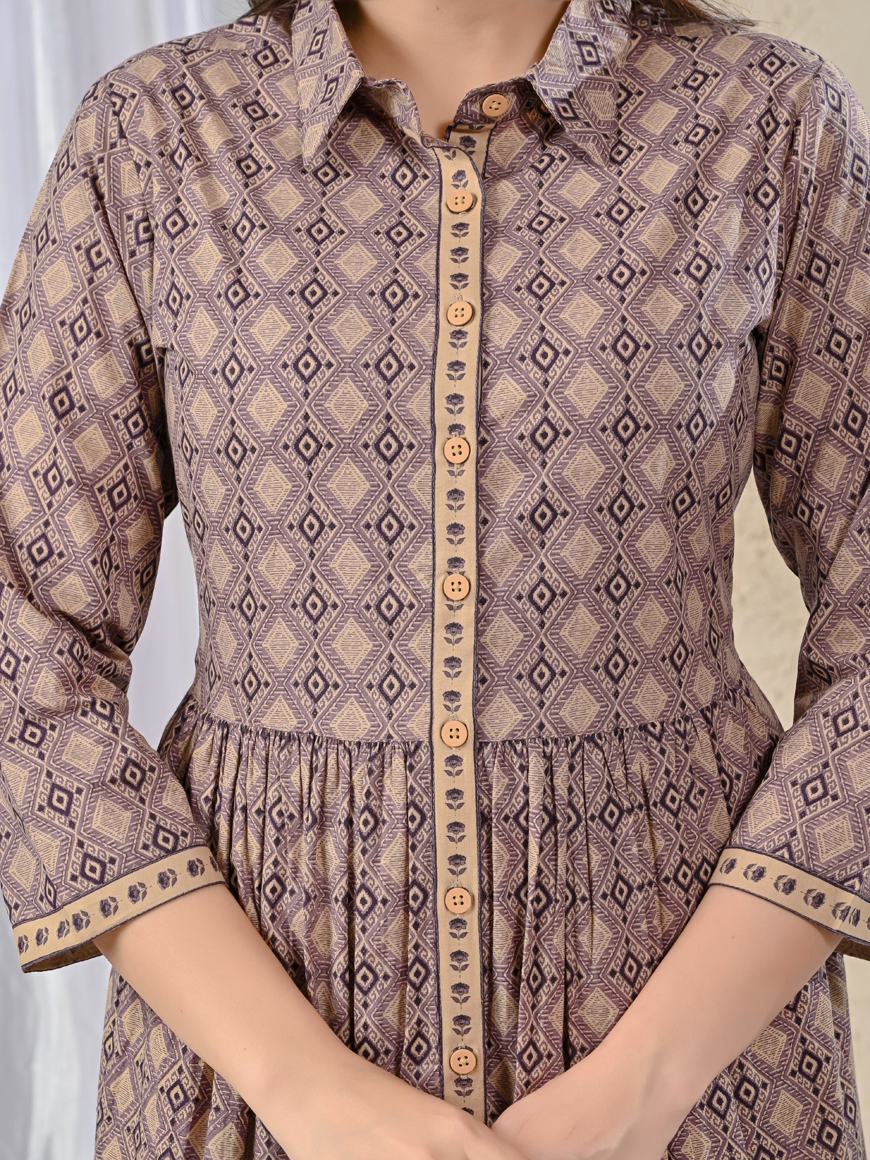 Beige Cotton Printed Long Dress