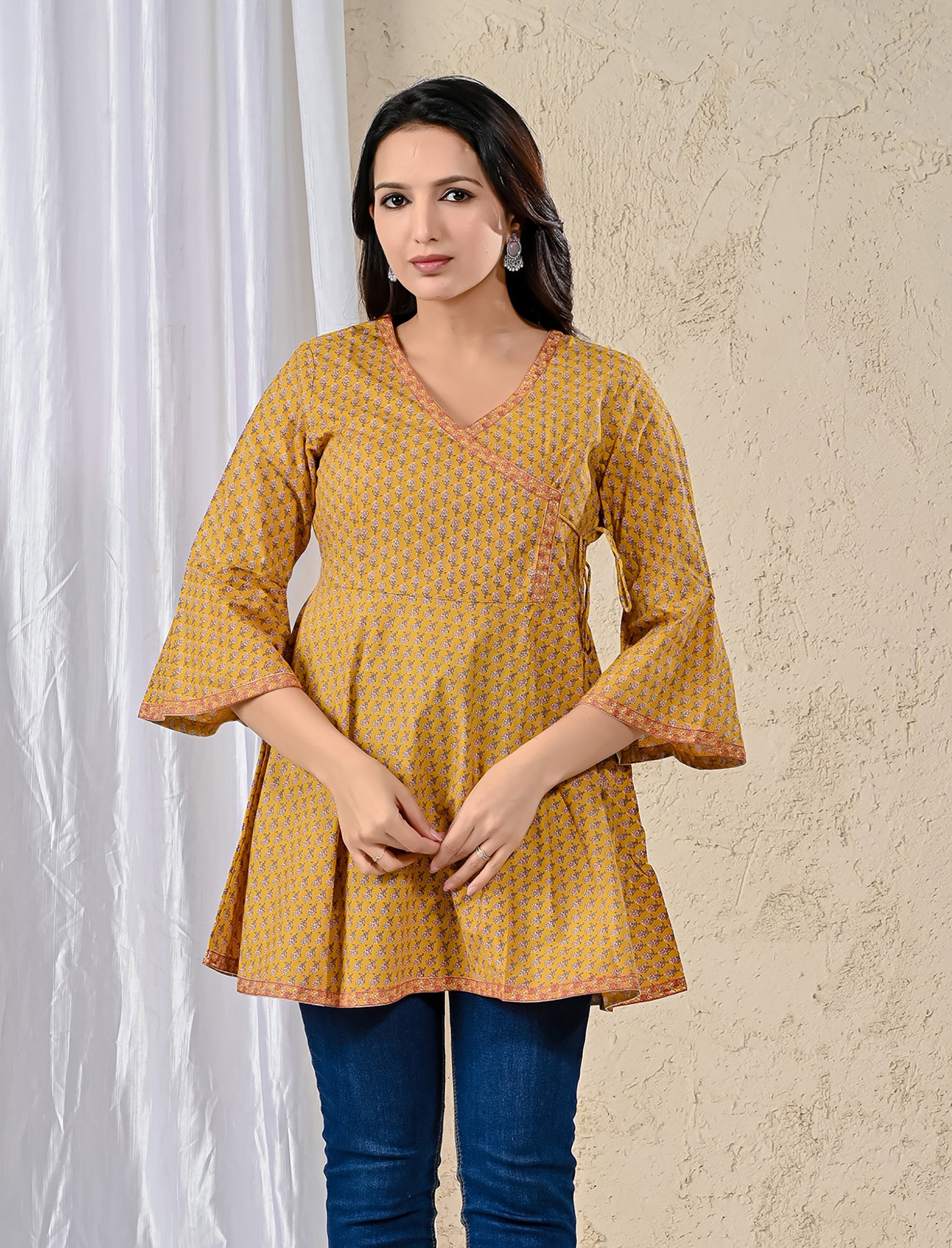 Mustard Cotton Printed Angrakha Top