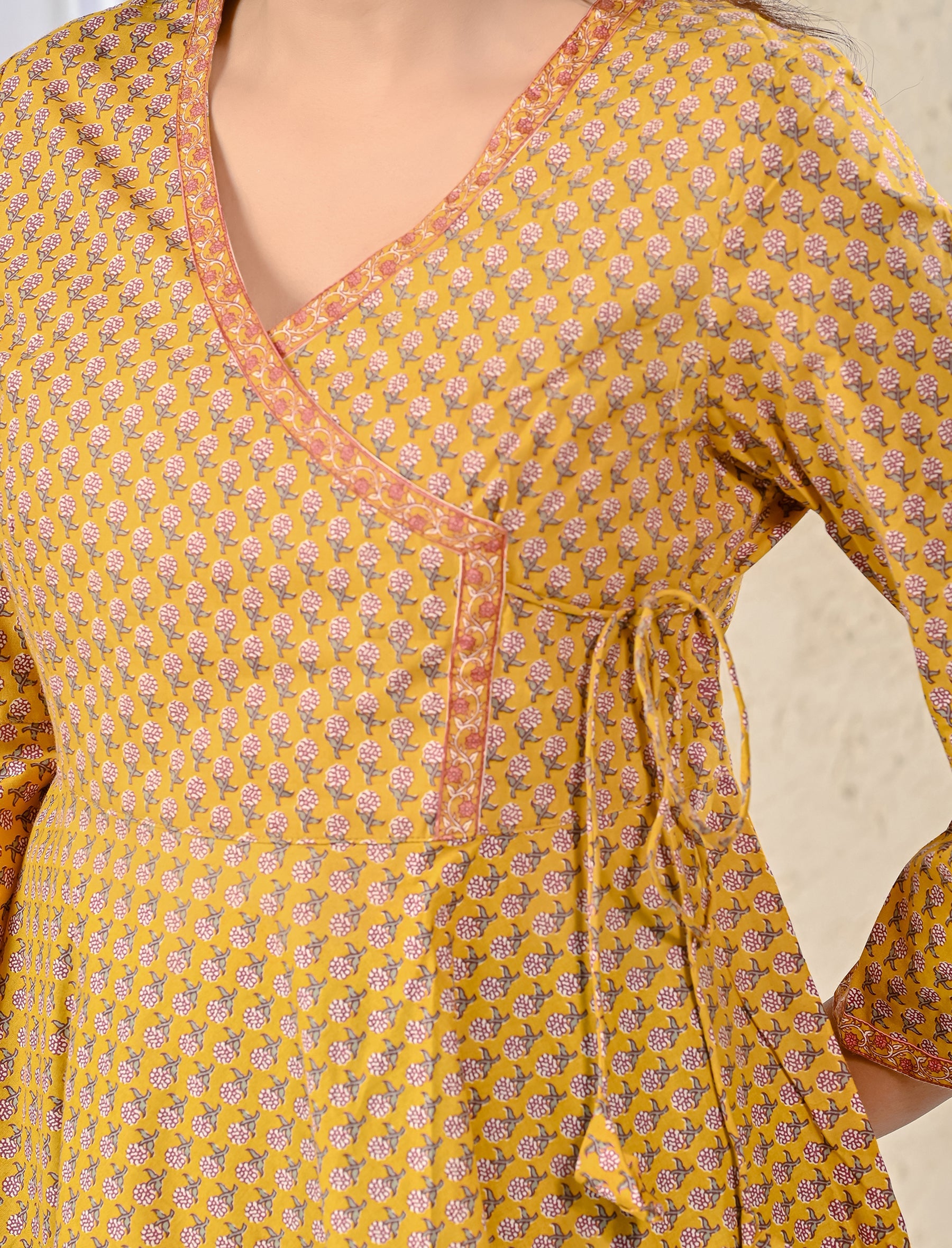 Mustard Cotton Printed Angrakha Top