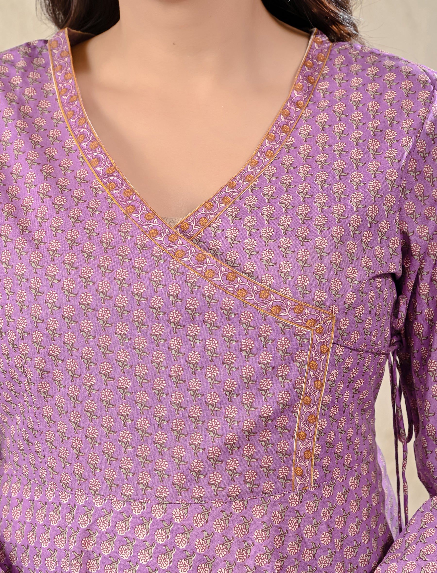Purple Cotton Printed Angrakha Top