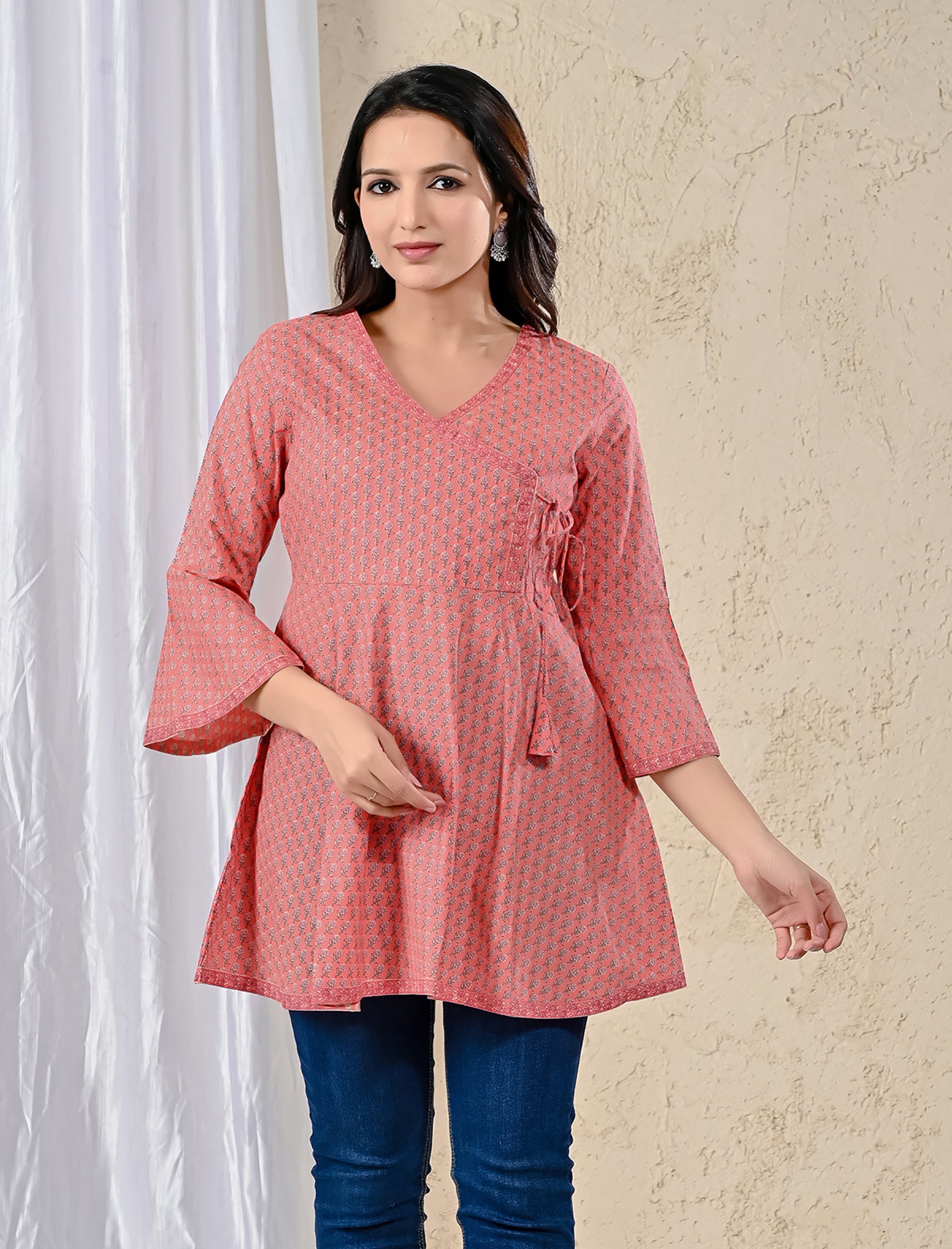 Pink Cotton Printed Angrakha Top