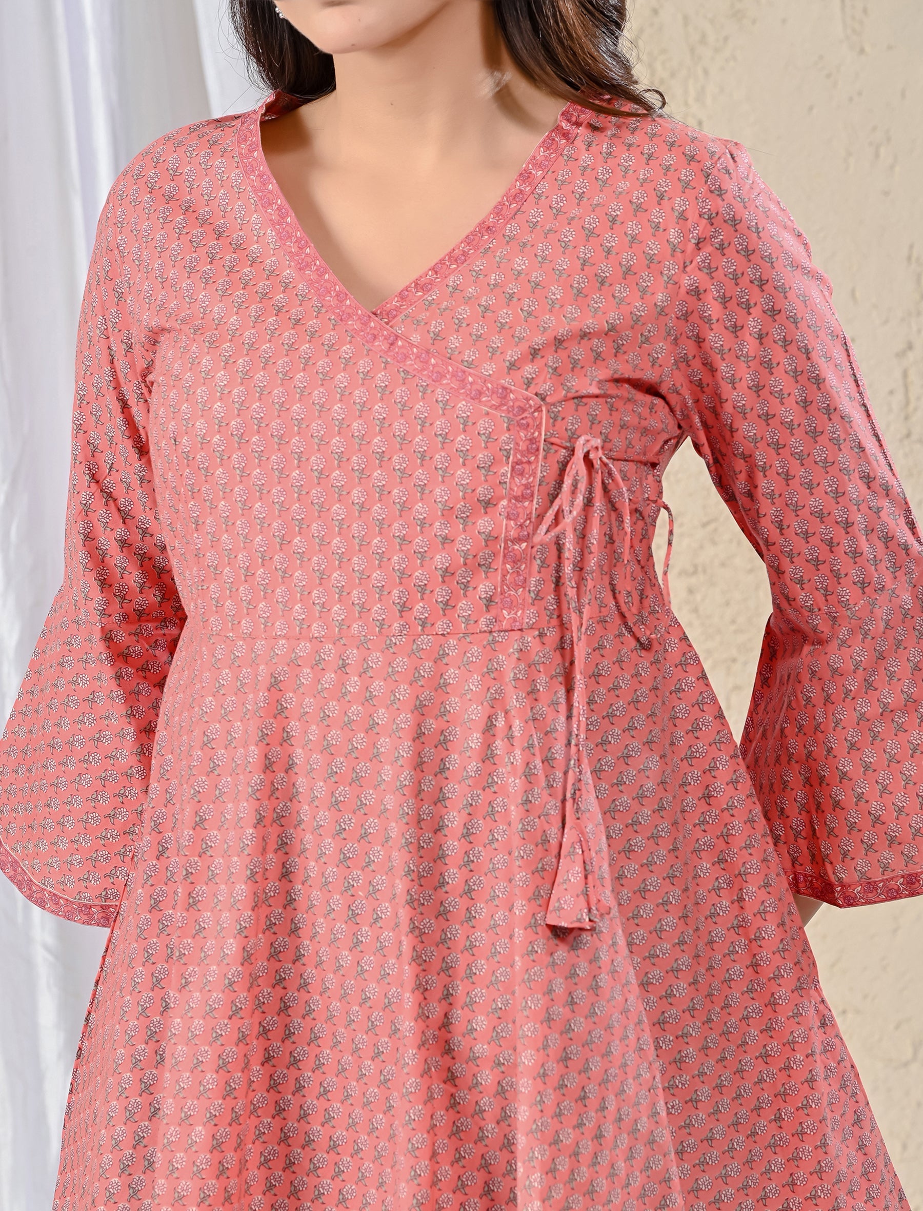 Pink Cotton Printed Angrakha Top