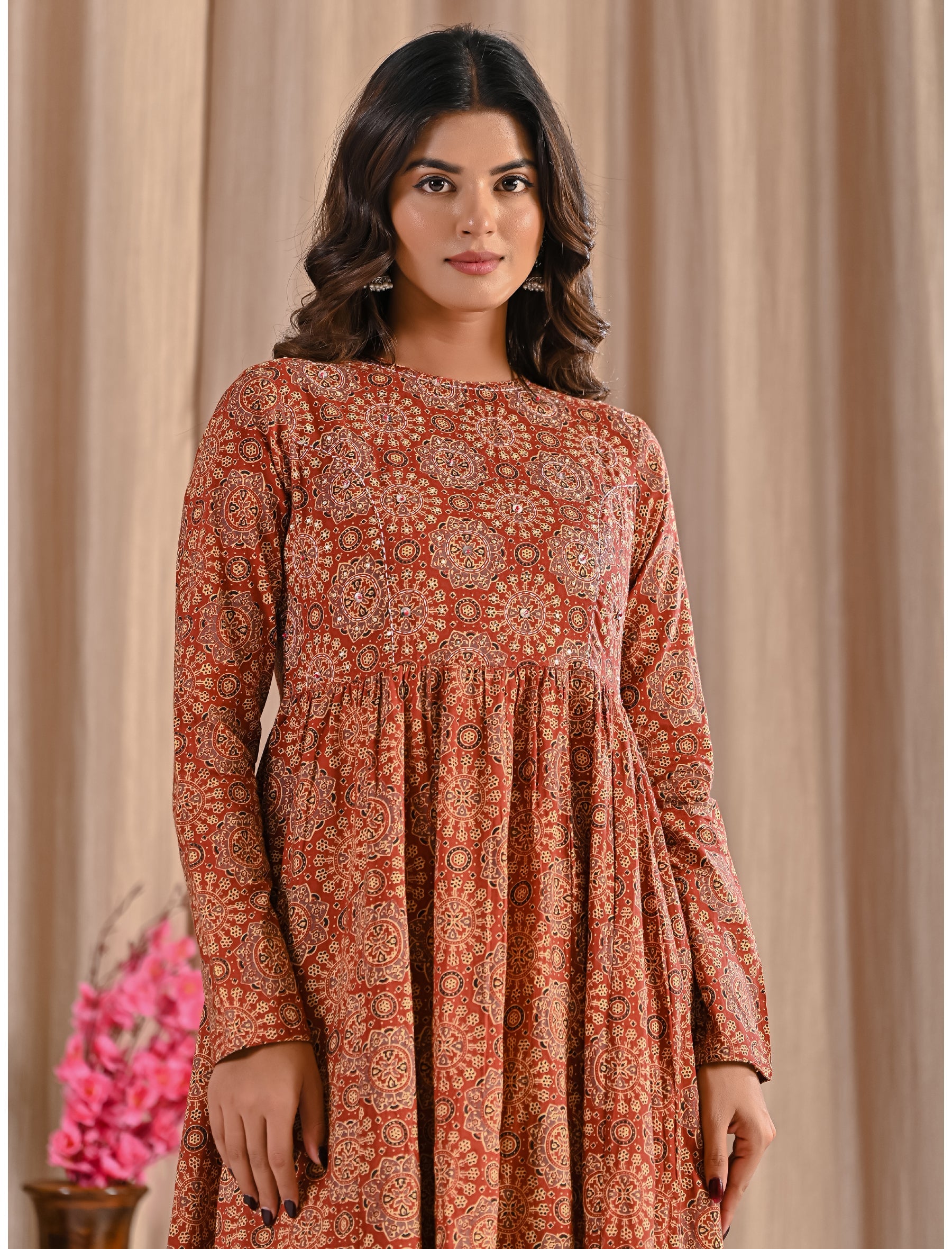 Hand Block Printed Red Cotton Anarkali Dress