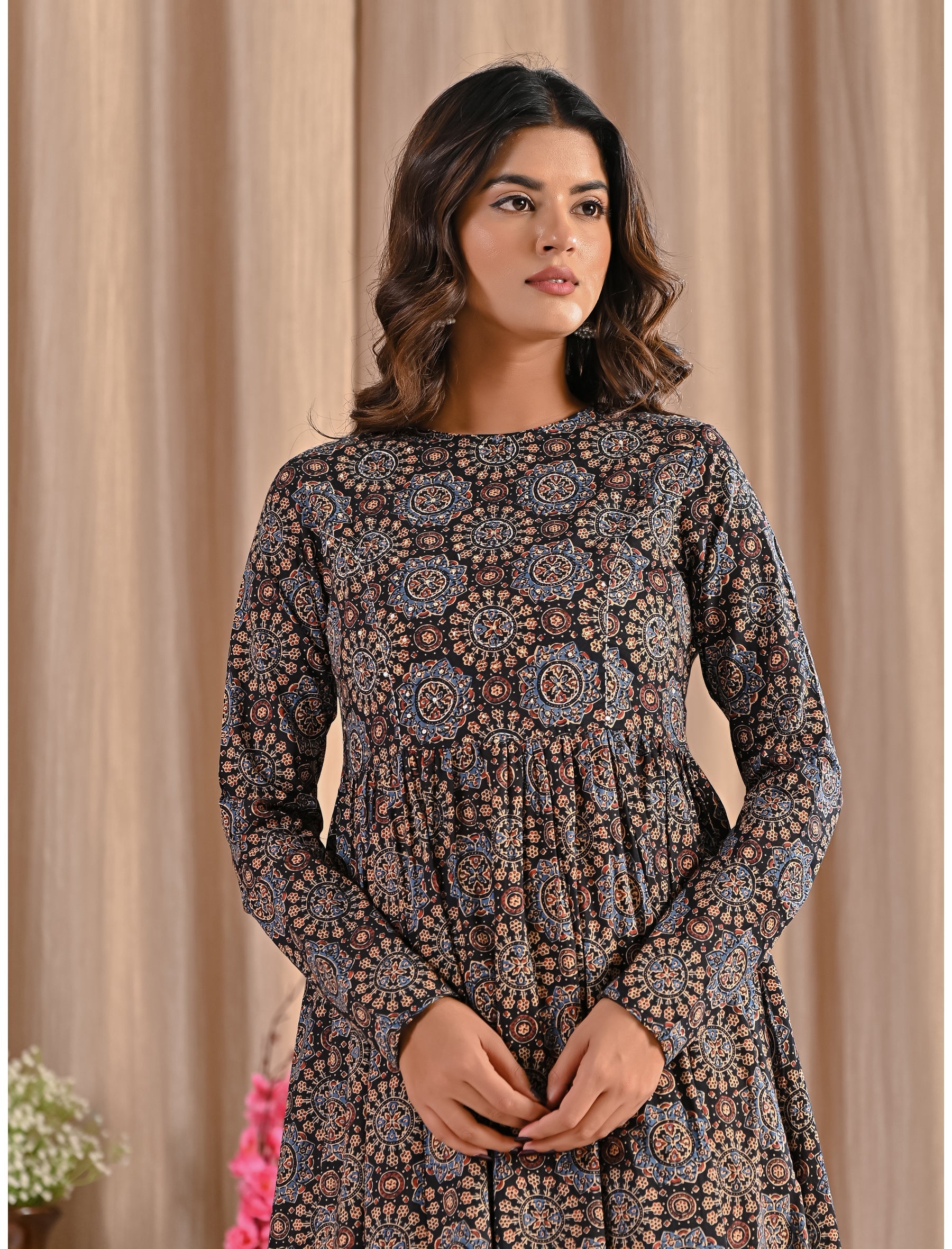 Hand Block Printed Black Cotton Anarkali Dress