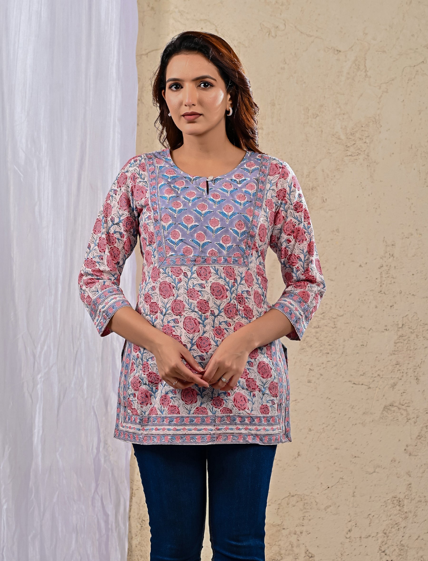 White Pink Cotton Printed Top