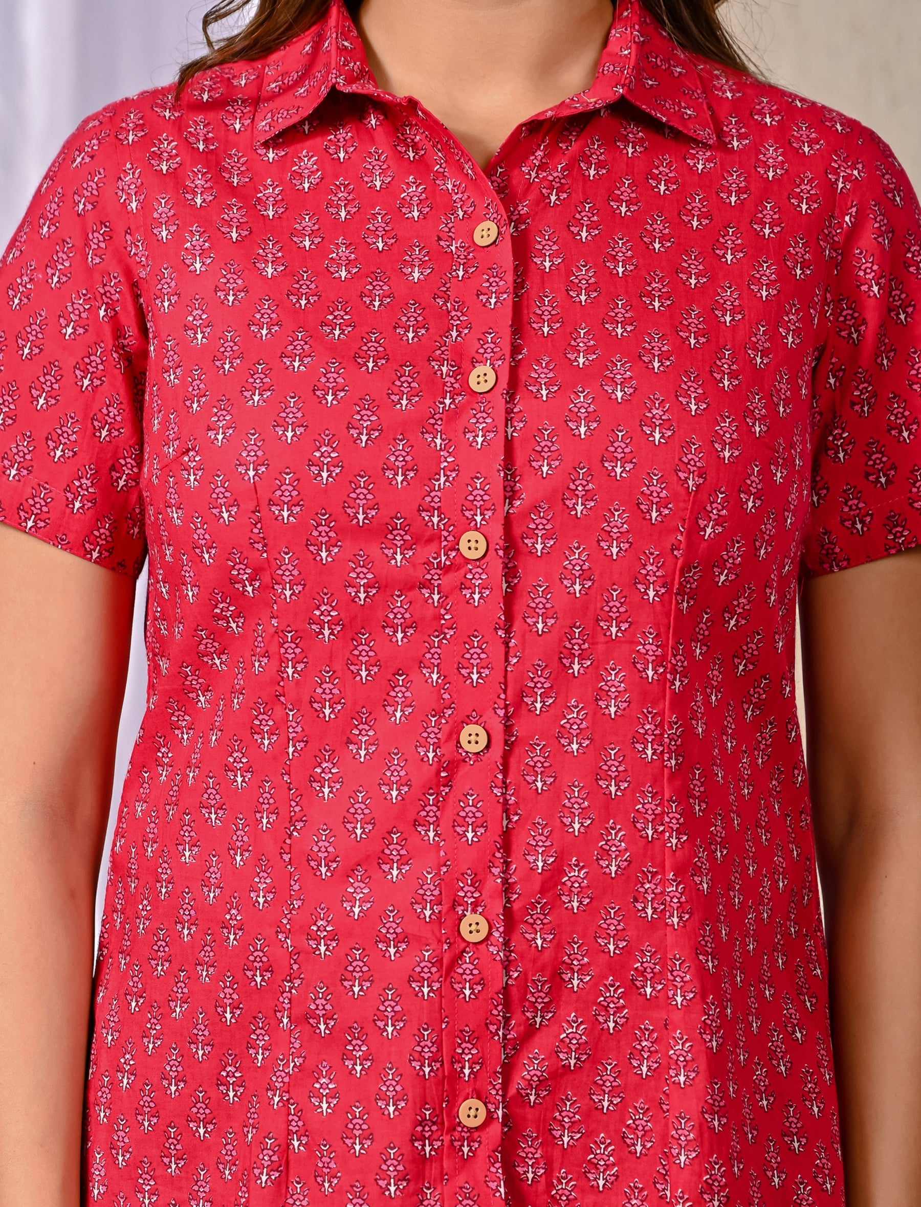 Red Cotton Printed Half Sleeves Shirt For Women