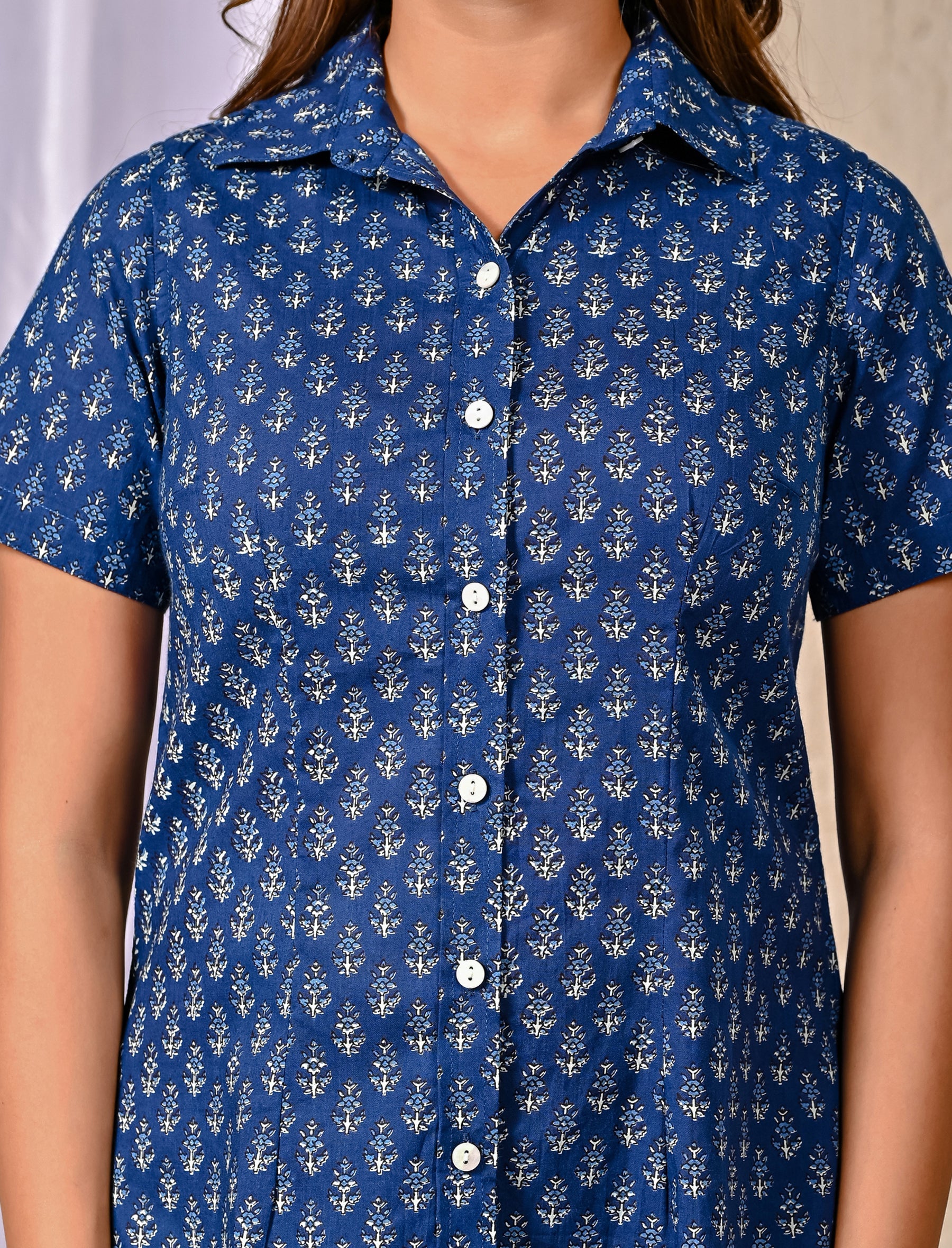 Blue Cotton Printed Half Sleeves Shirt For Women