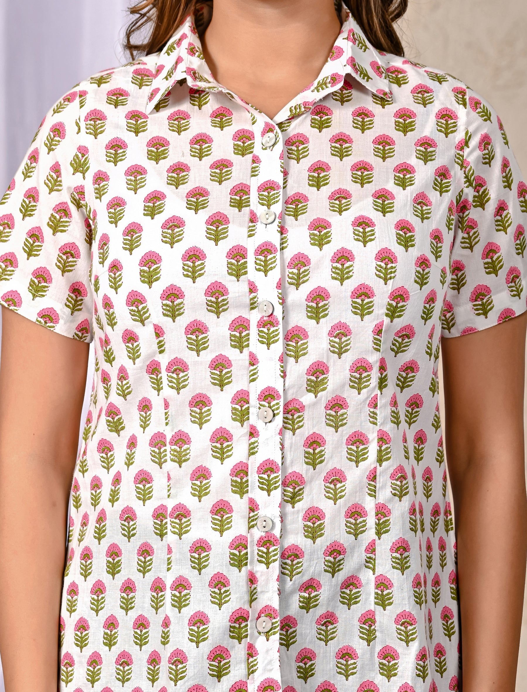 White Cotton Printed Half Sleeves Shirt For Women