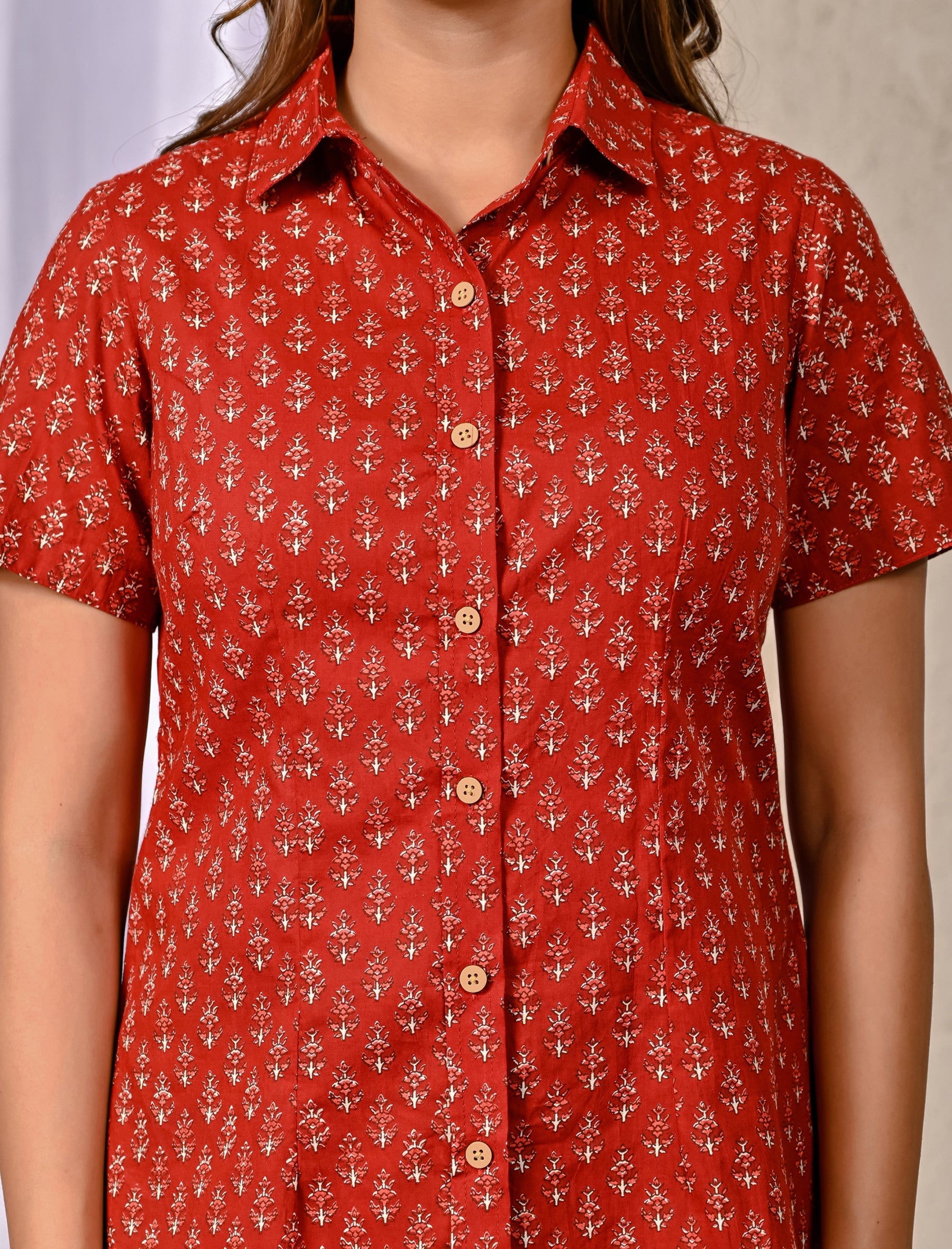 Red Cotton Printed Half Sleeves Shirt For Women