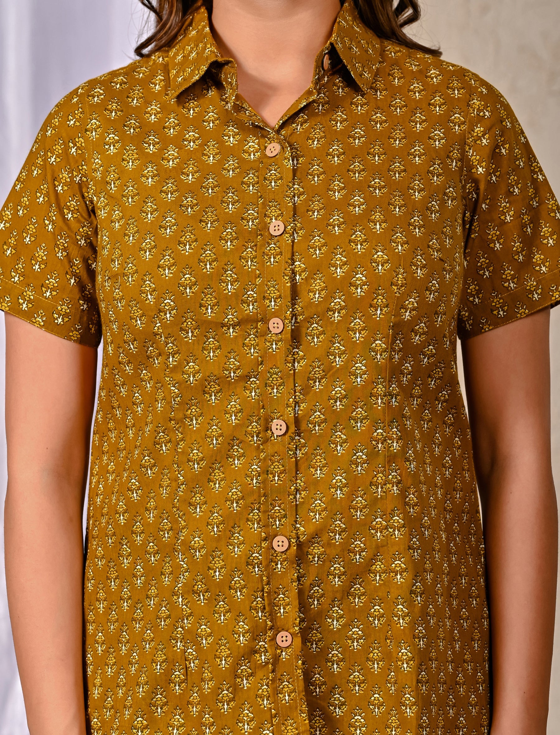 Mustard Cotton Printed Half Sleeves Shirt For Women