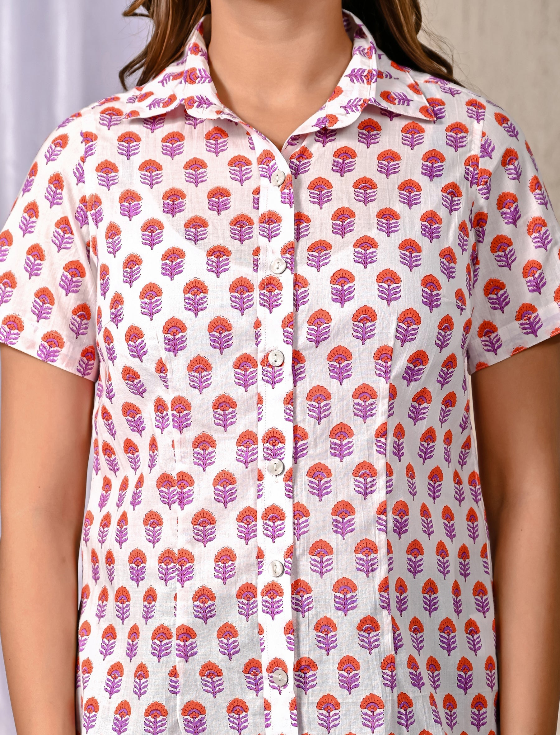 White Cotton Printed Half Sleeves Shirt For Women