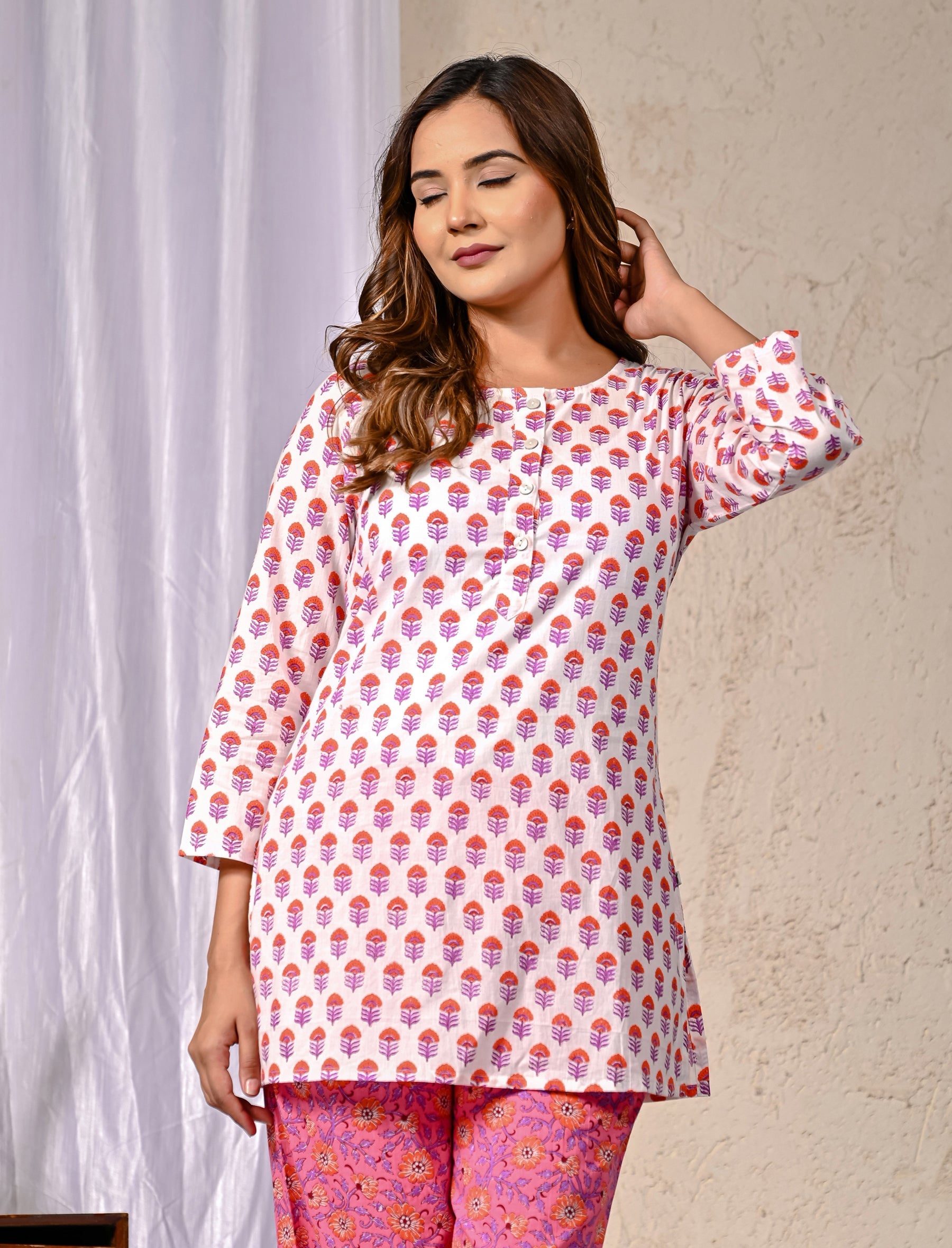 White Pink Butti Printed Cotton Co-Ord Set